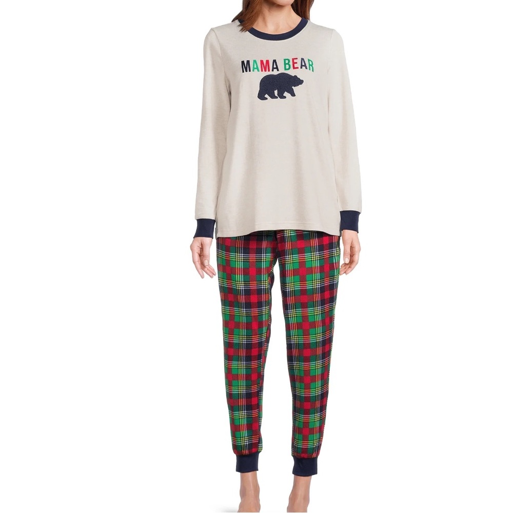 Dearfoams Cream Plaid Mama Bear Long Sleeve Pajama Set Size L 12-14 - Picture 4 of 4